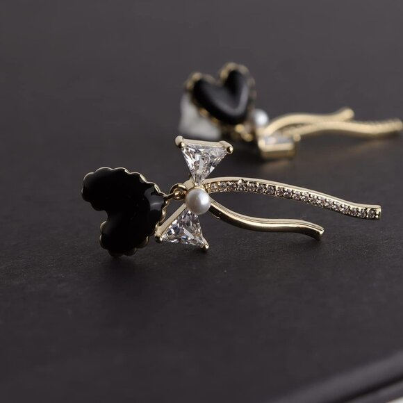 Women's Heart Black Dangle Sparkly Cubic Zirconia Crystal Rhinestone Earring - Picture 6 of 7